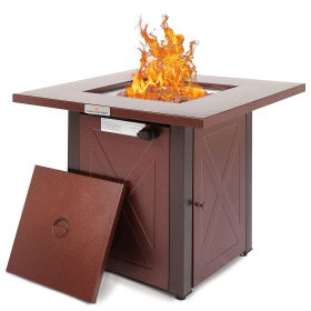 28" 50000 BTU Outdoor Propane Gas Fire Pits Table, Square Brown Texture Outdside Patio Firepits Fireplace Dinning Coffee Tables with Lid & Lava Rock