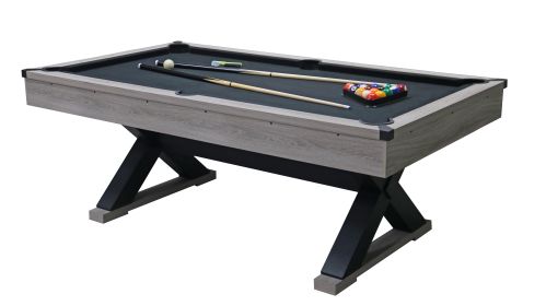 84" Pool Table with Billiard Balls, Cues, Pool Cue Chalk, Cleaning Brush, X-Legs, Black Cloth, Rustic Grey,84.1"L x 46.5"W x 32"H