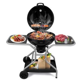 Kettle Charcoal Grill with 2 Side Tables, Storage Shelf, Upgraded Ash Catcher, Thermometer, Air Vents, Outdoor Cooking Barbecue Grill with Wheels