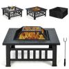 32 Inch 3 in 1 Outdoor Square Fire Pit Table with BBQ Grill and Rain Cover for Camping